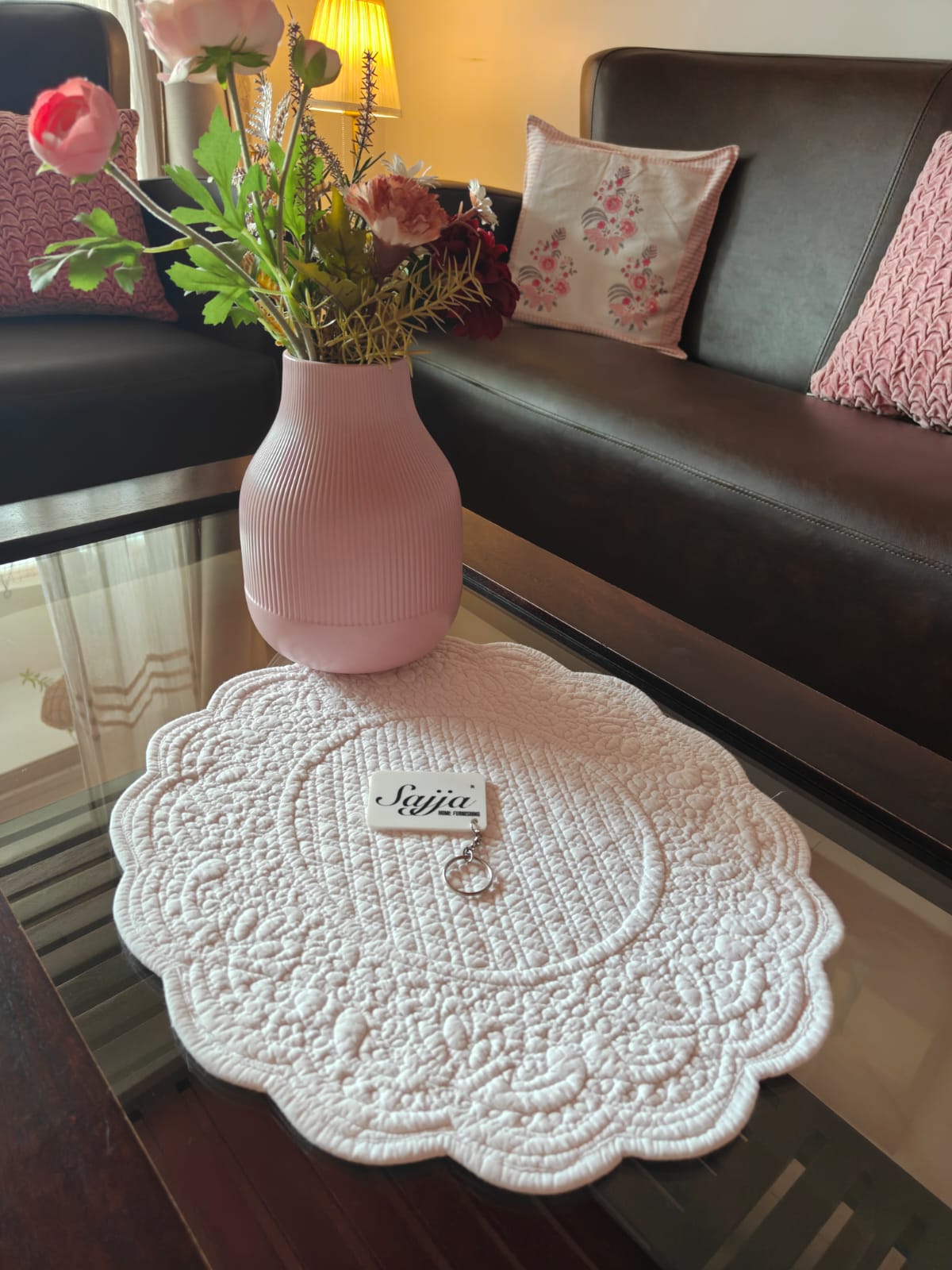 White Spirally Oval Round Table Fabric Decorative Quilted Table Mats 1 piece