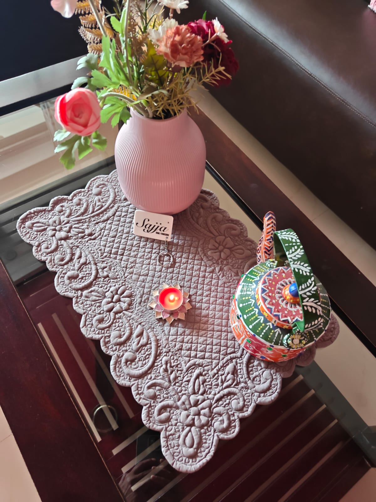 Curated Grey Trapunto Quilted Cotton Rectangular Reversible Focal Table Placemat