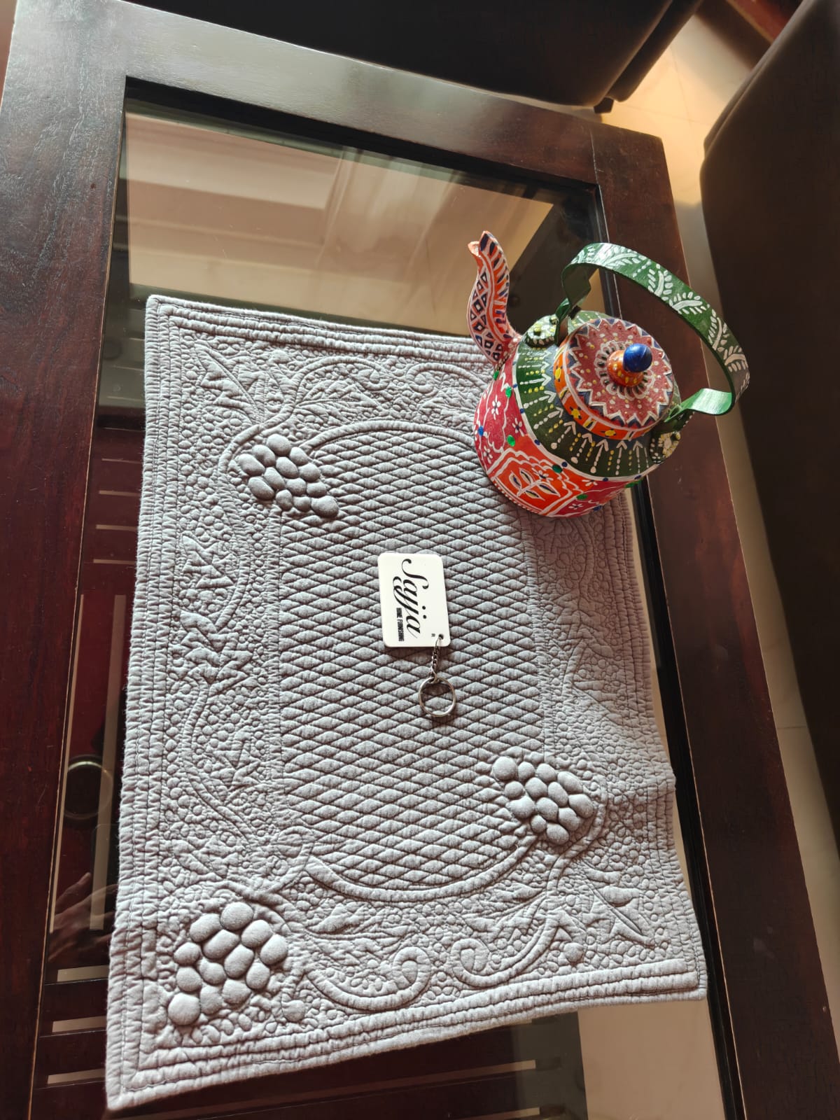 Decorative Trapunto Quilted Grey Cotton Focal Runner Table Mat Placemat