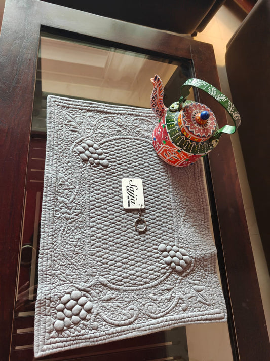 Decorative Trapunto Quilted Grey Cotton Focal Runner Table Mat Placemat