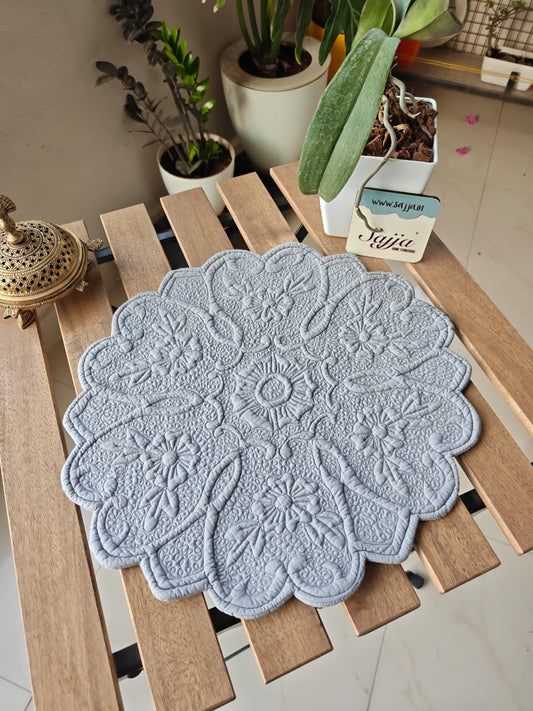 Bluish Grey Cotton Decorative Floral Quilted Tablemat Placemat