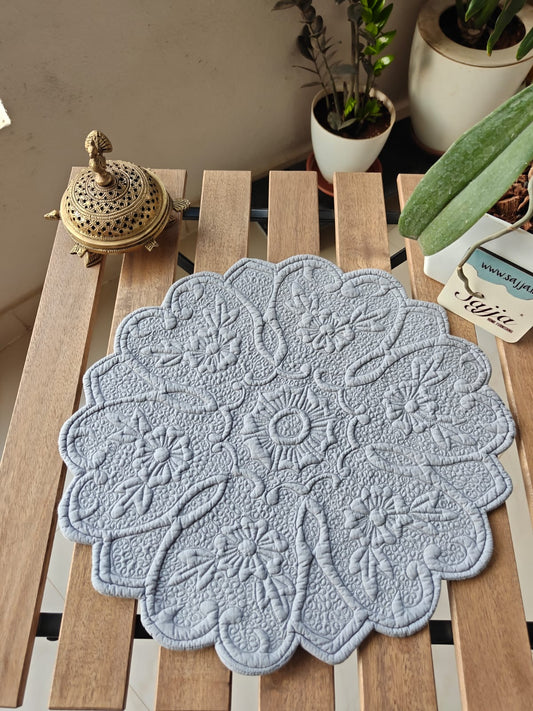 Bluish Grey Cotton Decorative Floral Quilted Tablemat Placemat