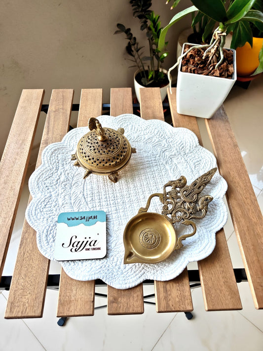 Off White Leaves Floral Quilted Cotton Round Table Fabric Placemat Mat - 1 piece