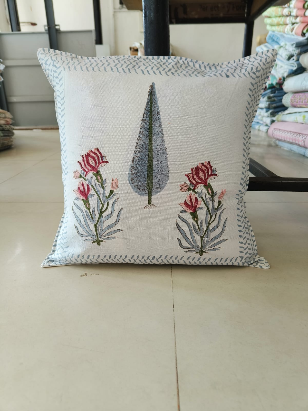 Vintage Hand block Ash Cypress Phool Premium Cushion Covers cotton 16 x 16 inches