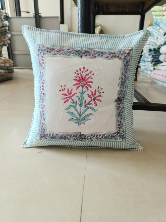 Hand block Blue Pink Phool Premium Cushion Covers cotton 16 x 16 inches
