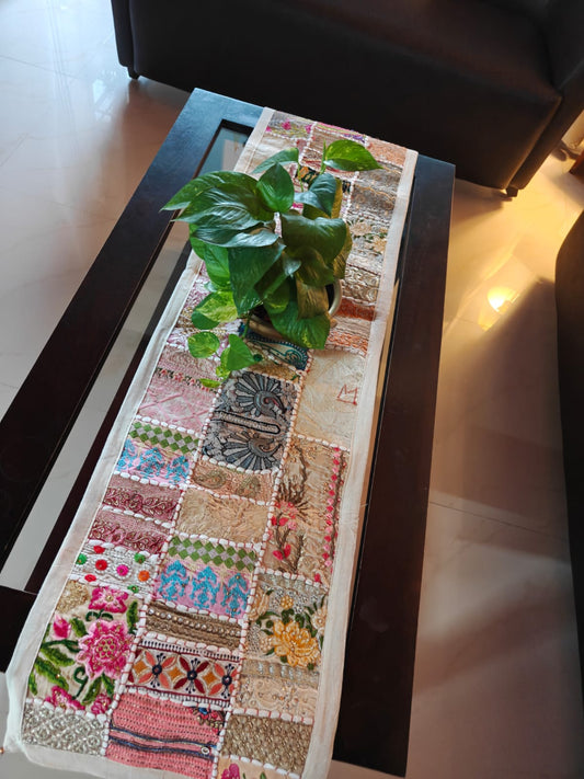 Cream Patchwork Khambadiya Table Runner (14 x 60 inches)