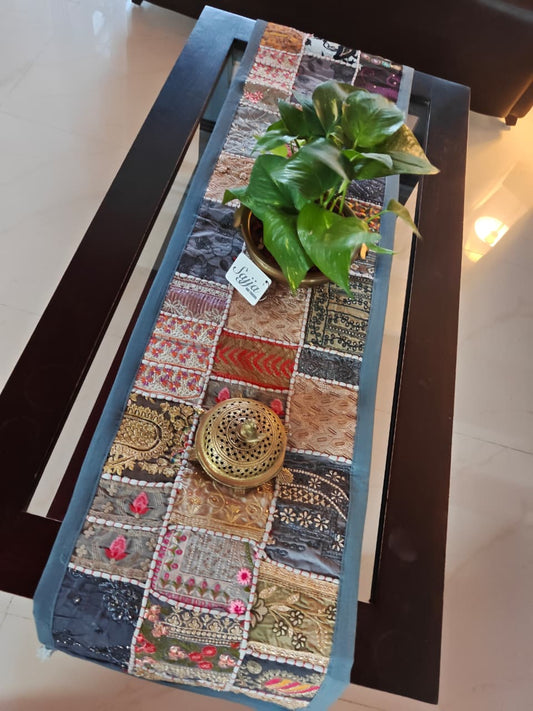 Grey Handmade Embroidered Patchwork Multicolor Cotton Table Runner