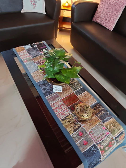 Grey Handmade Embroidered Patchwork Multicolor Cotton Table Runner