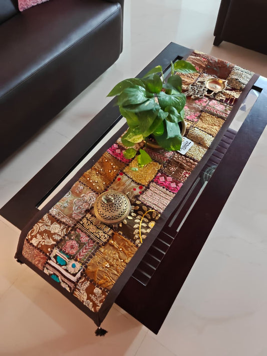 Patchwork Khambadyia Embroidered Brown Cotton Table Runner