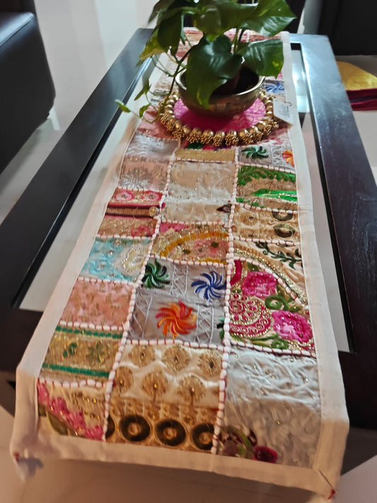 Trendy Ethnic Embroidered Cream Cotton Table Runner (14 x 60 inches)