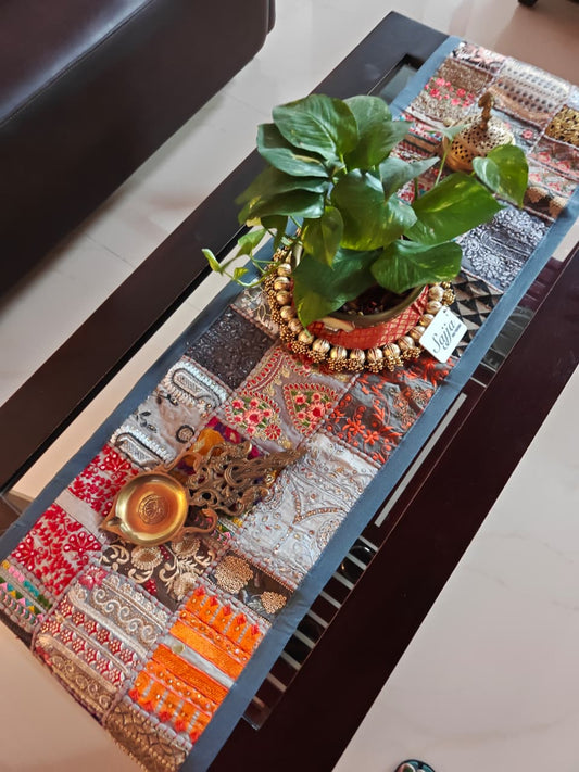 Ethnic Rectangular Khambadiya Embroidery Grey Cotton Table Runner ( 14x 60 inches)
