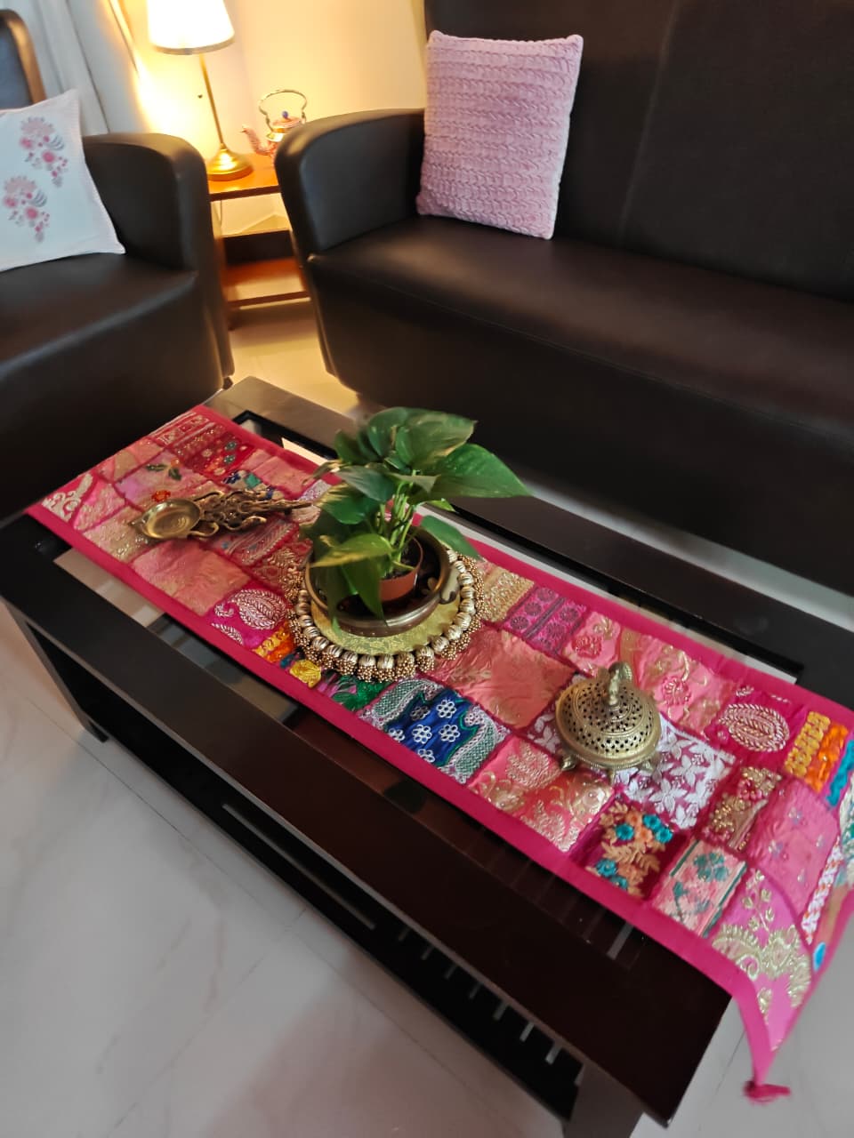 Buy Vintage Pink Gold Ethnic Embroidered Cotton Table Runner (14 x 60 inches)