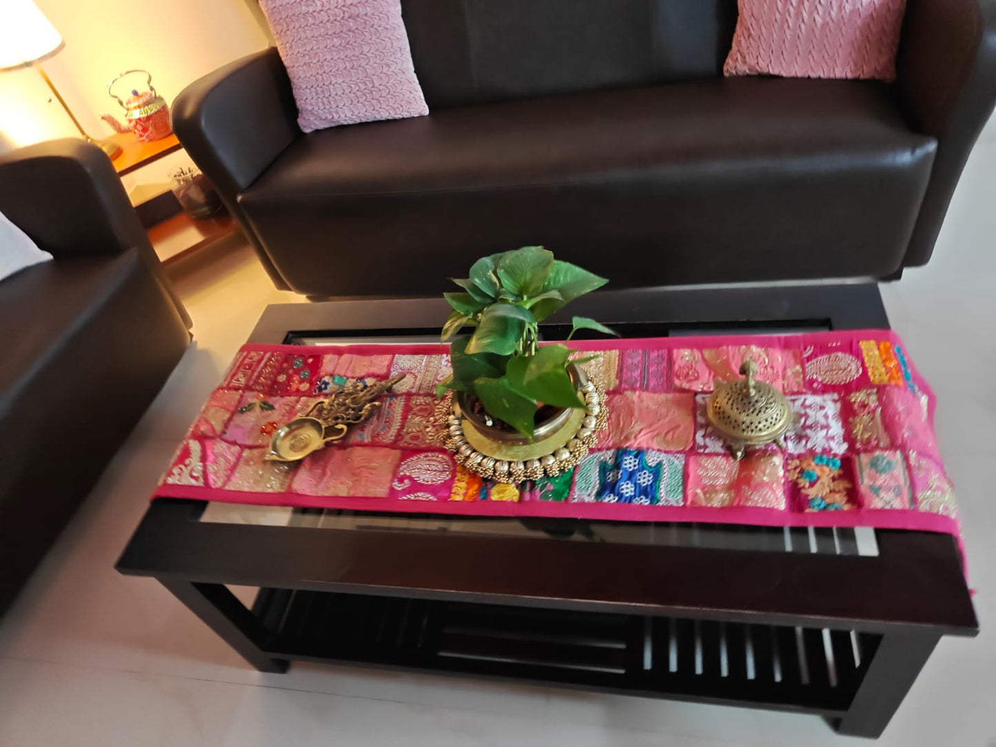Buy Vintage Pink Gold Ethnic Embroidered Cotton Table Runner (14 x 60 inches)