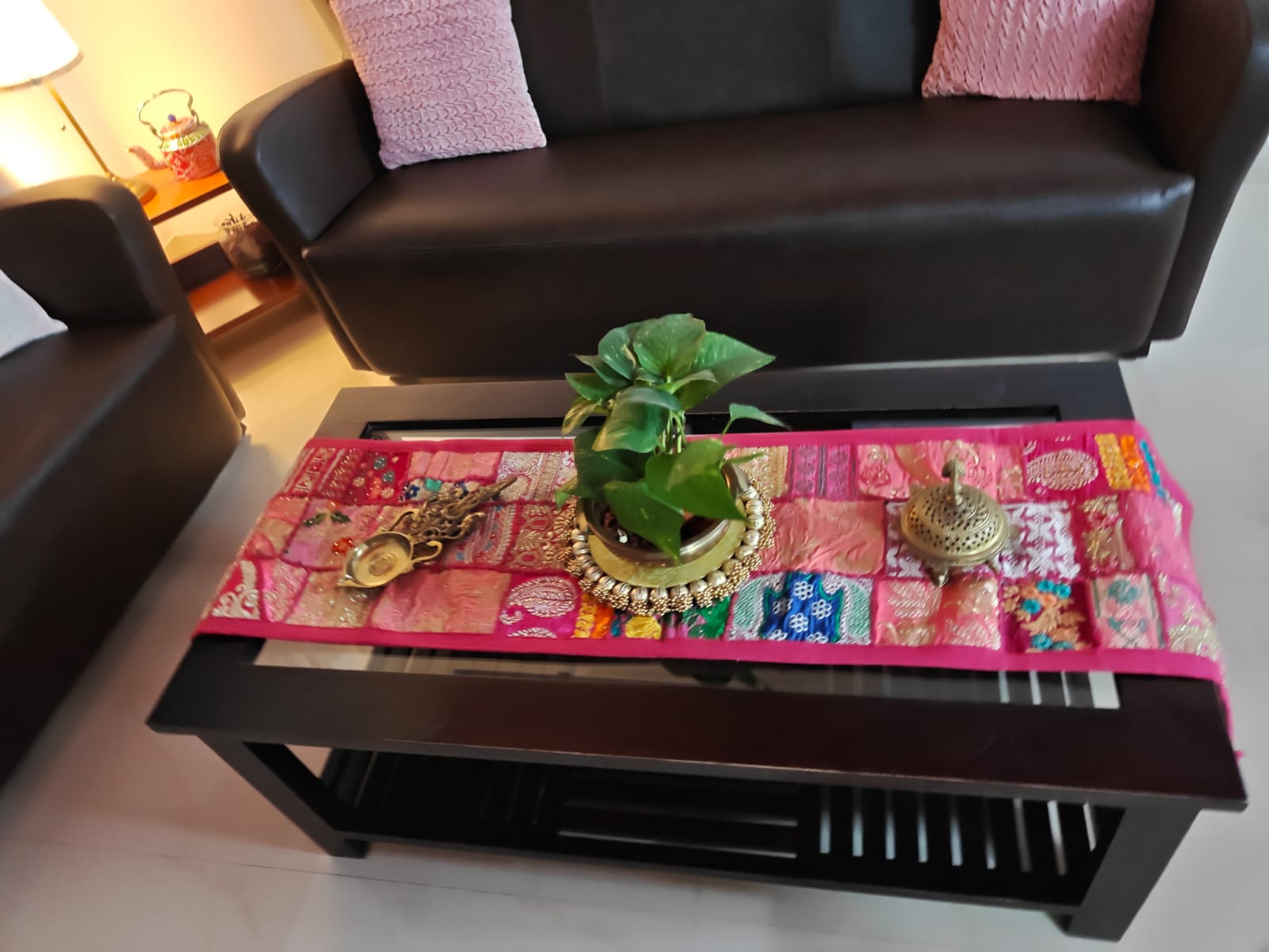 Buy Vintage Pink Gold Ethnic Embroidered Cotton Table Runner (14 x 60 inches)