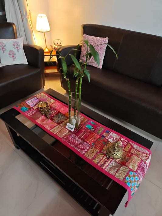 Pink Khambadiya Patchwork Ethnic Embroidered Cotton Table Runner (14 x 60 inches)