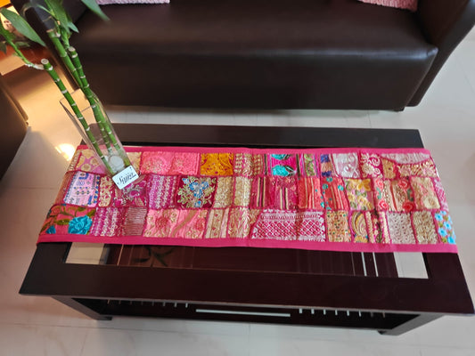 Pink Khambadiya Patchwork Ethnic Embroidered Cotton Table Runner (14 x 60 inches)