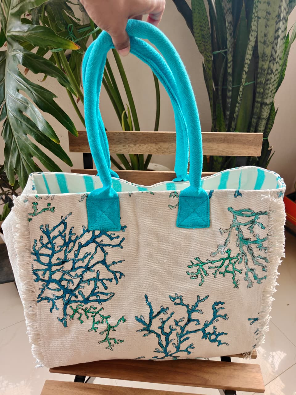 Designer Large Organic Thick Cotton Coral Fringe Shoulder Bag | Shopping bag  | Mode bag