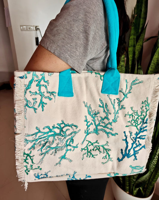 Designer Large Organic Thick Cotton Coral Fringe Shoulder Bag | Shopping bag  | Mode bag