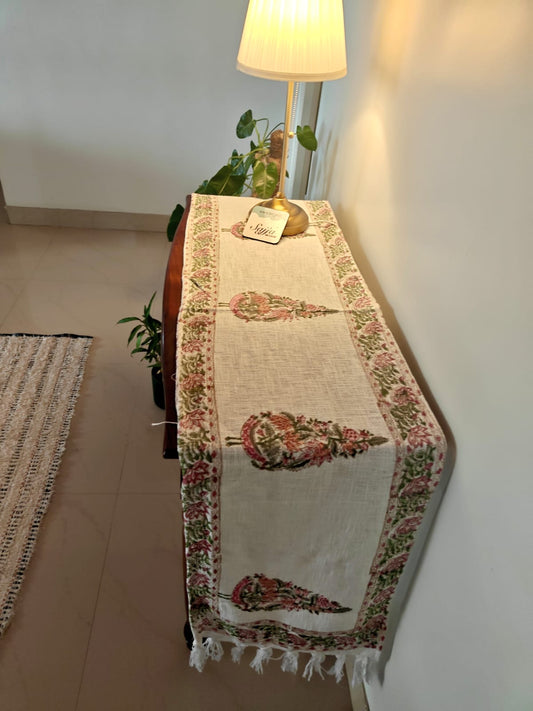 Blush Pink Sap Green Pine Floral Jute Cotton Table Runner For Dining Table 