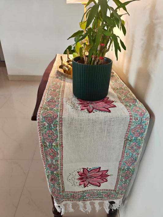 Pink Kamal Floral Block Print Jute Slub Cotton Table Runner 6 Seater Dining Table 15 X70 inch