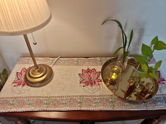 Pink Kamal Floral Block Print Jute Slub Cotton Table Runner 6 Seater Dining Table 15 X70 inch