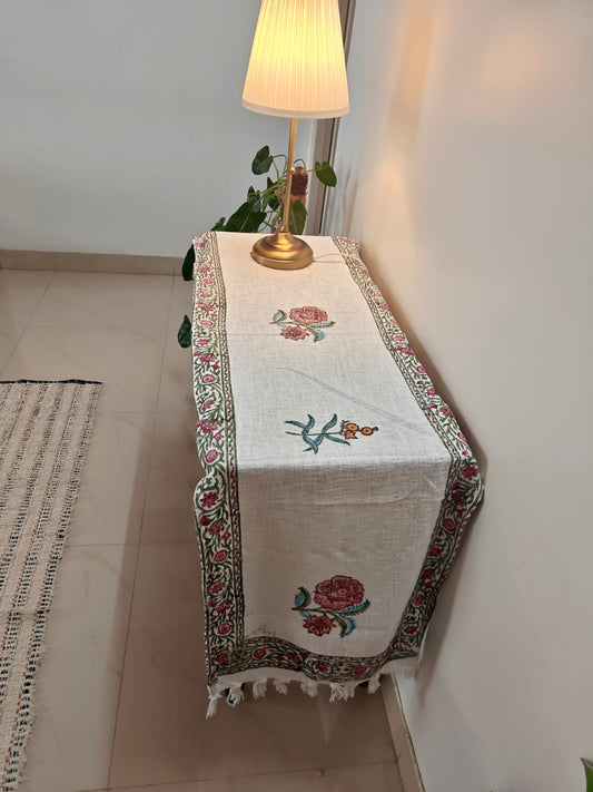 Floral Hand Block Print Slub Yarn Cotton Table Runner - 18.5 X 70inch