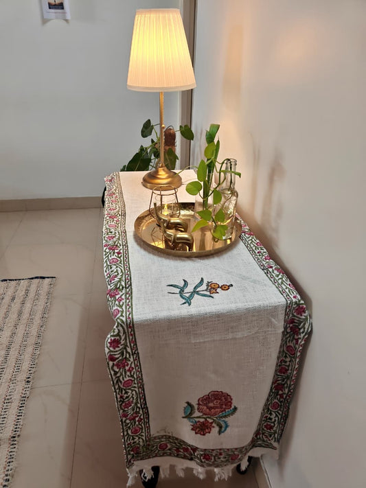 Floral Hand Block Print Slub Yarn Cotton Table Runner - 18.5 X 70inch