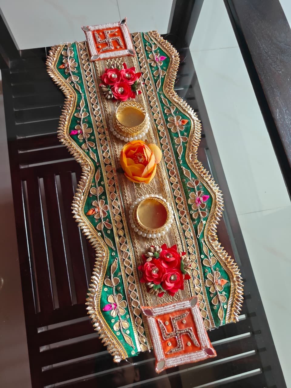 Swastik Gota Patti Festive Centre piece Decor Tealight Runner Mat Rectangle Rangolis