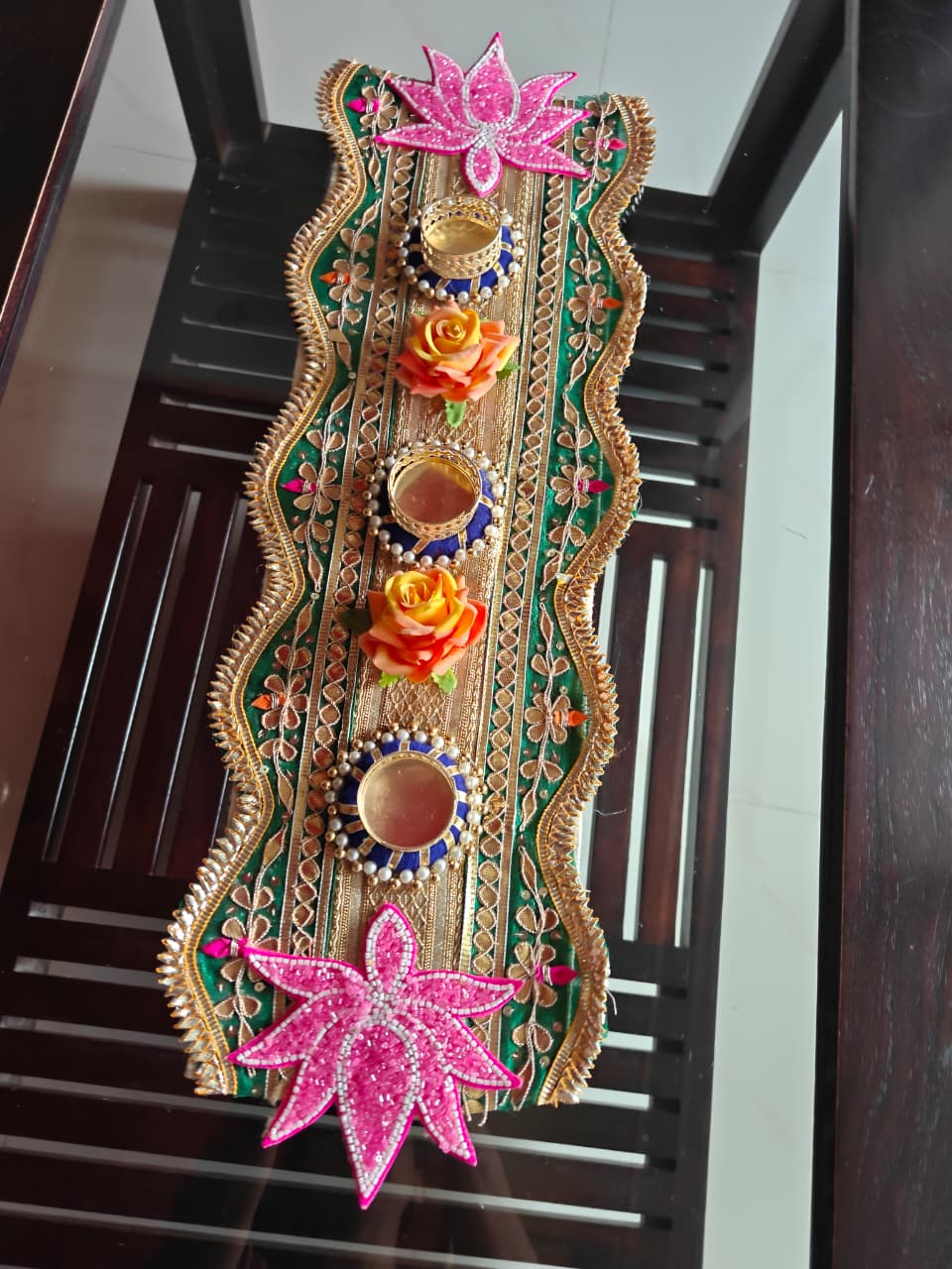 Auspicious Lotus Aura Tealight Runner Diwali Decoration Festive Centre piece Decor Gift Rectangle Rangoli