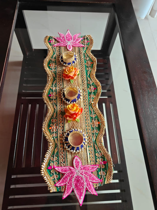 Auspicious Lotus Aura Tealight Runner Diwali Decoration Festive Centre piece Decor Gift Rectangle Rangoli