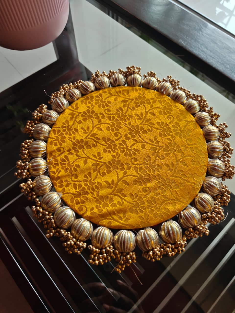 Reversible Handcrafted Golden Yellow Banarasi Decorative Platter Plate 11 inches