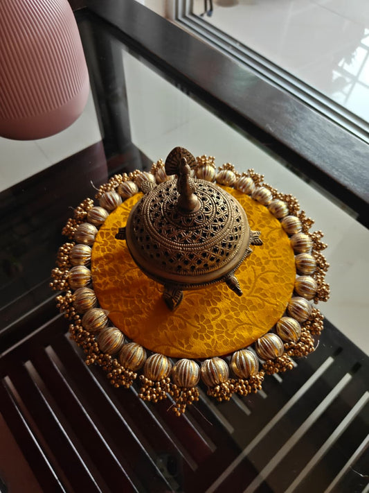 Reversible Handcrafted Golden Yellow Banarasi Decorative Platter Plate 11 inches