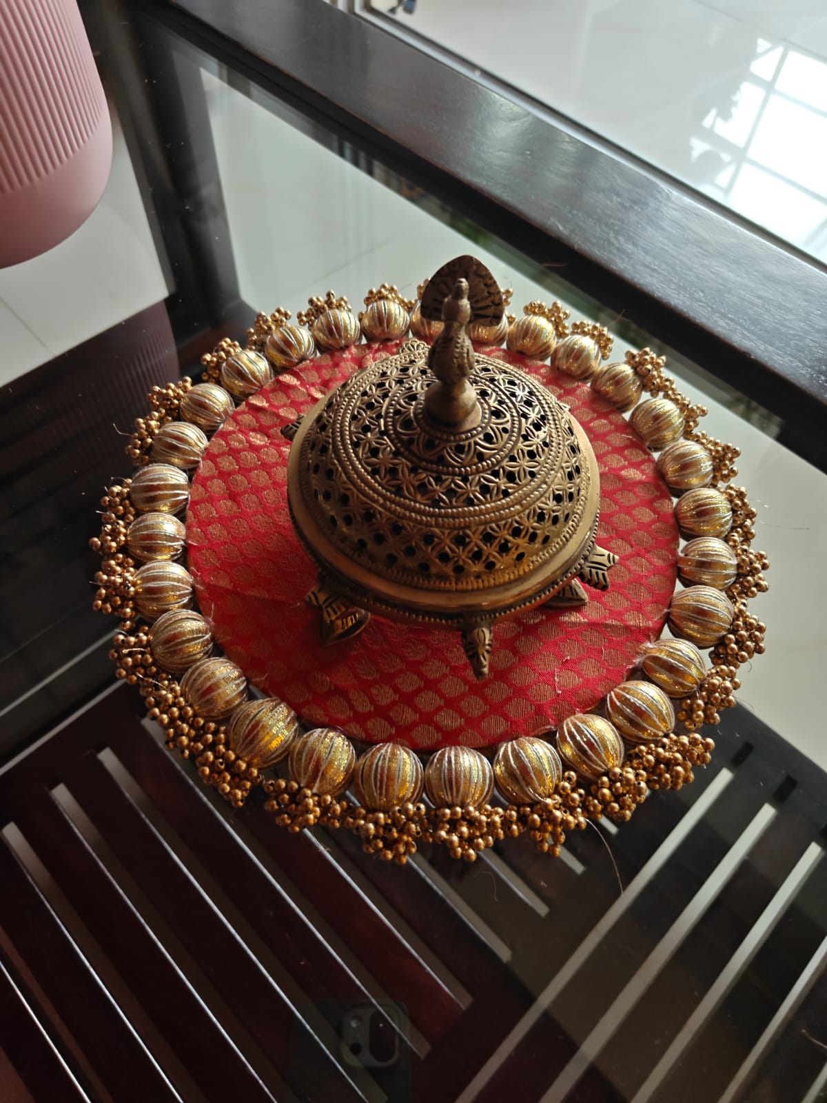 Reversible Handcrafted Golden Yellow Banarasi Decorative Platter Plate 11 inches