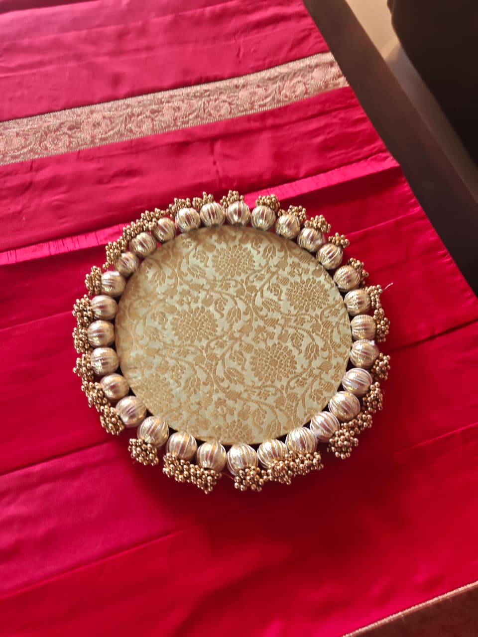 Decorative Brocade Blush Pink Green Classic Placemat Golden Beads Reversible