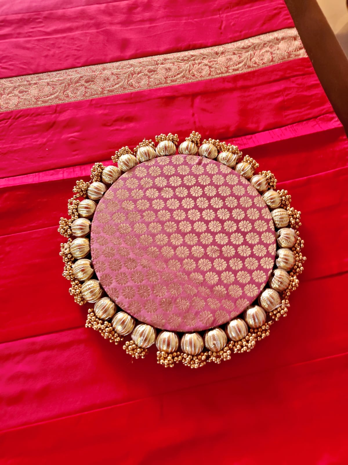 Decorative Brocade Blush Pink Green Classic Placemat Golden Beads Reversible
