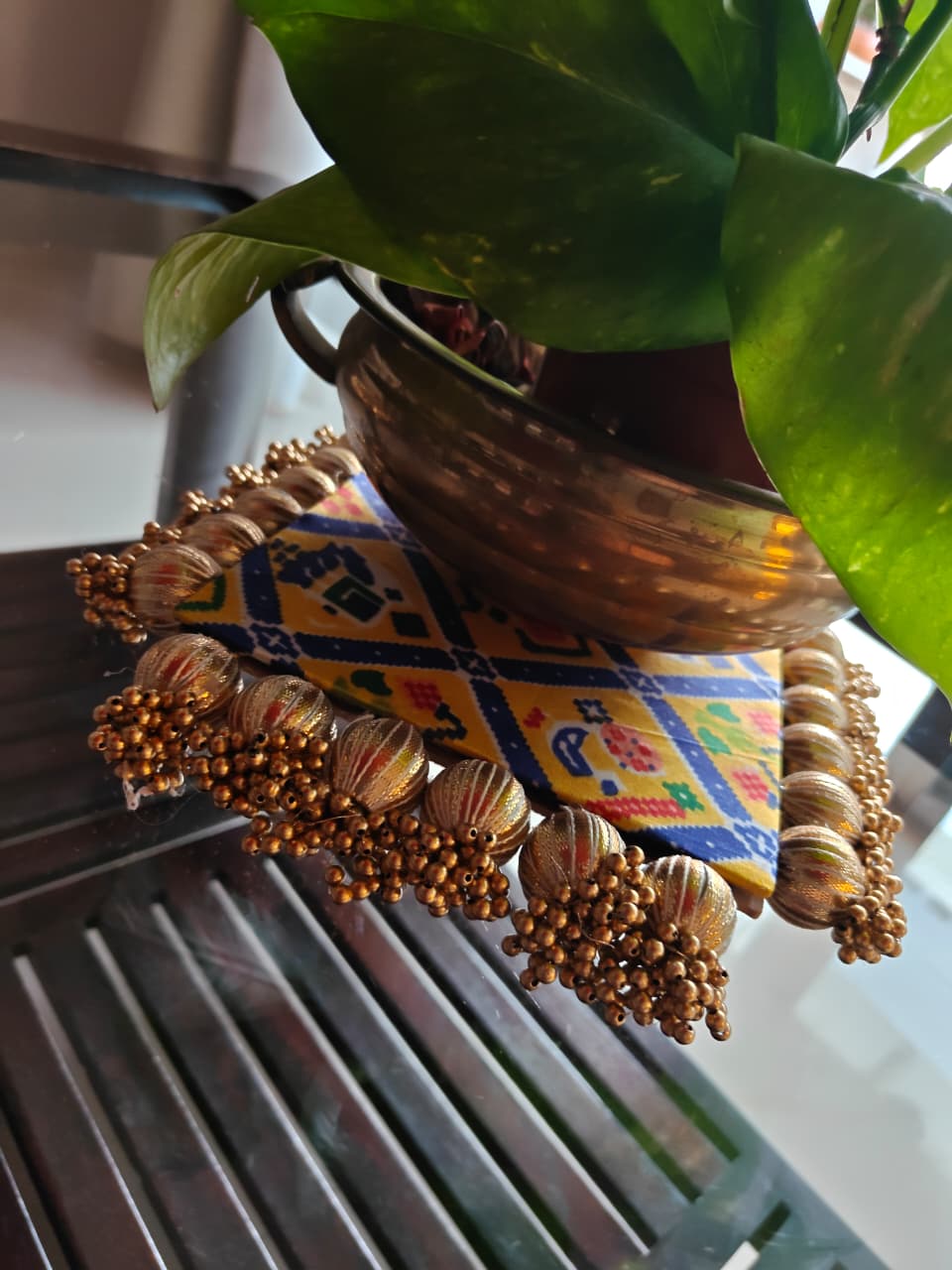 Decorative Golden Bandhej Square Yellow Blue Decorative Platter Plate 9 inches Bhagwan Singahsan