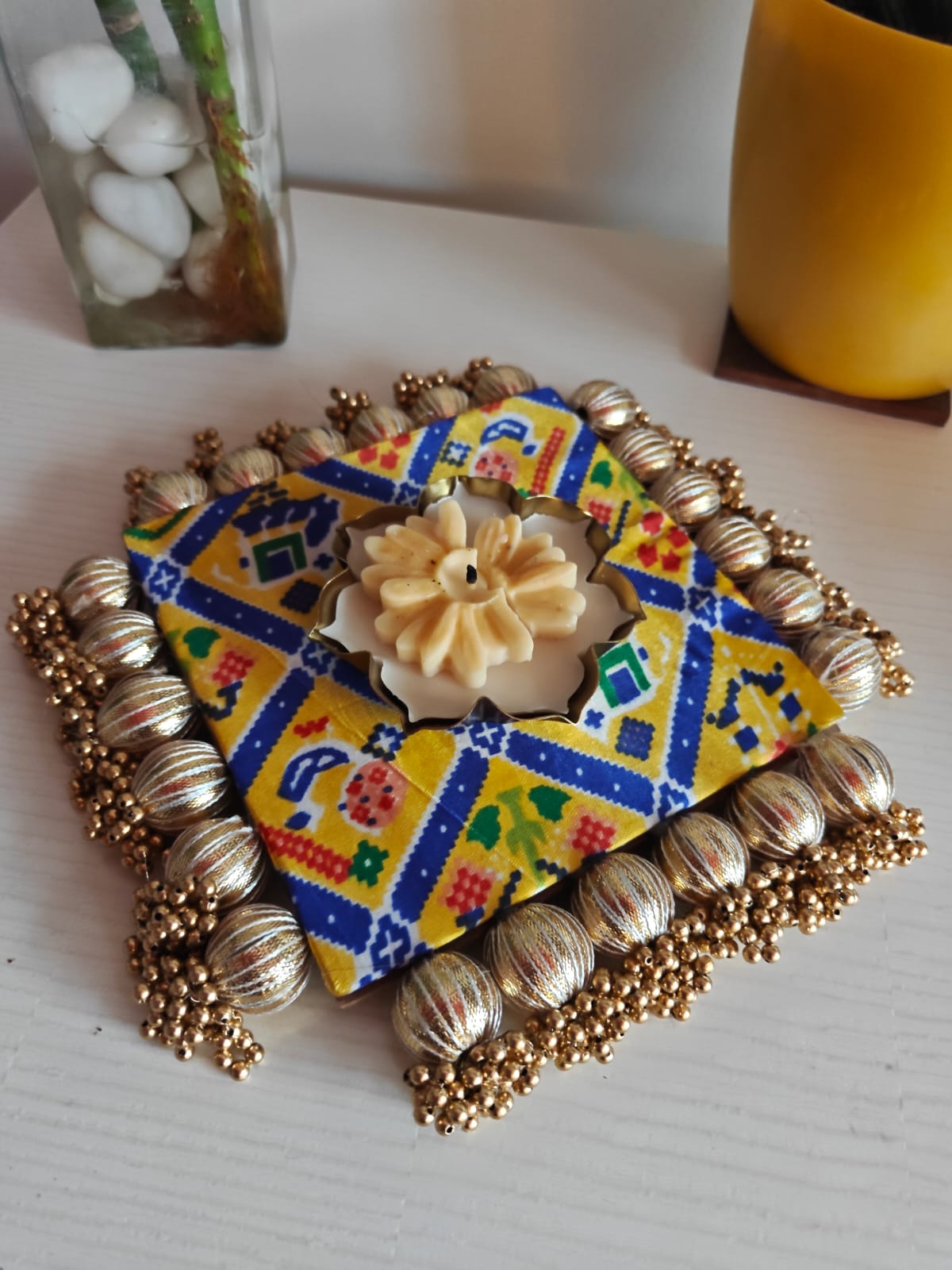 Decorative Golden Bandhej Square Yellow Blue Decorative Platter Plate 9 inches Bhagwan Singahsan