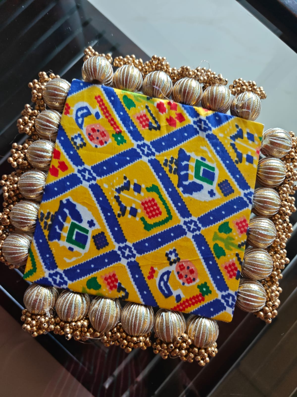 Decorative Golden Bandhej Square Yellow Blue Decorative Platter Plate 9 inches Bhagwan Singahsan
