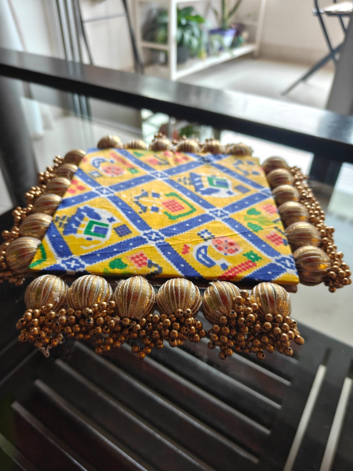 Decorative Golden Bandhej Square Yellow Blue Decorative Platter Plate 9 inches Bhagwan Singahsan