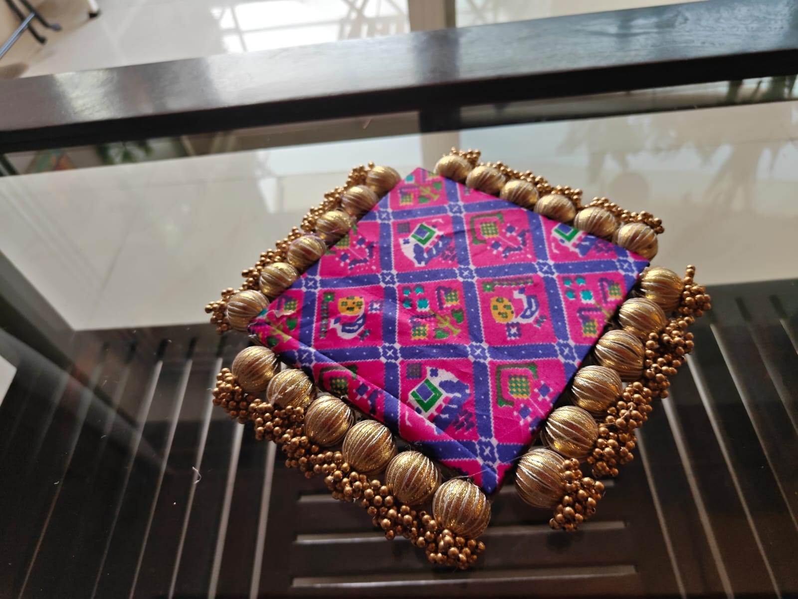 Handcrafted Golden Bandhej Square Purple Pink Decorative Platter Plate 9 inches Bhagwan Singahsan