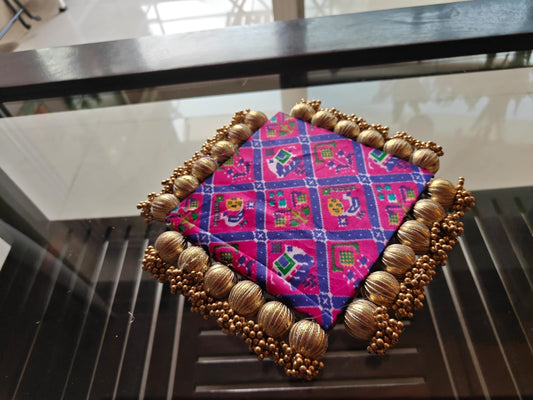 Handcrafted Golden Bandhej Square Purple Pink Decorative Platter Plate 9 inches Bhagwan Singahsan