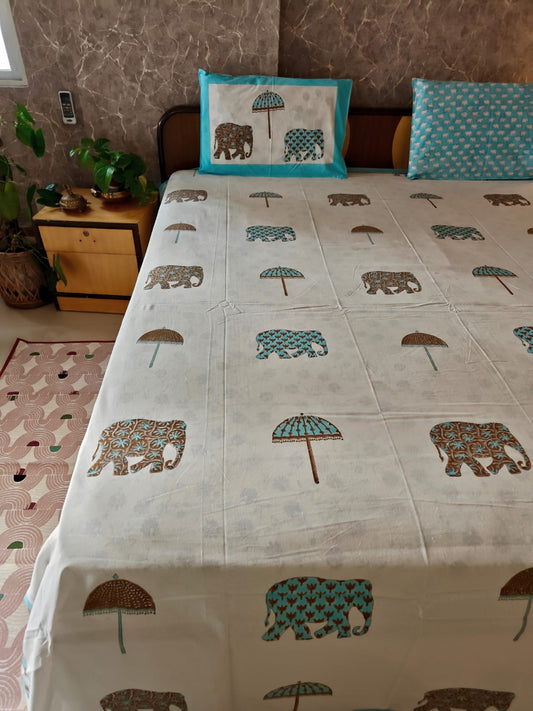 Vintage Cotton Mughal Blue Hatti Umbrella  Hand block Double Bedsheet King 9 feet x 9 feet