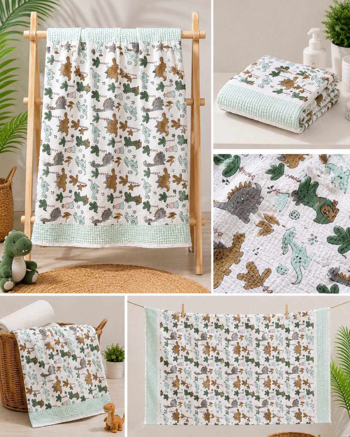 Dino Hand Block Towel 1 Bath Towel Waffle Cotton Towel Set