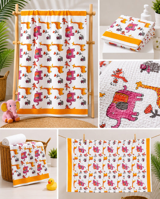 Hand Block Elephant n Giraffe Kids Waffle Bath Towel