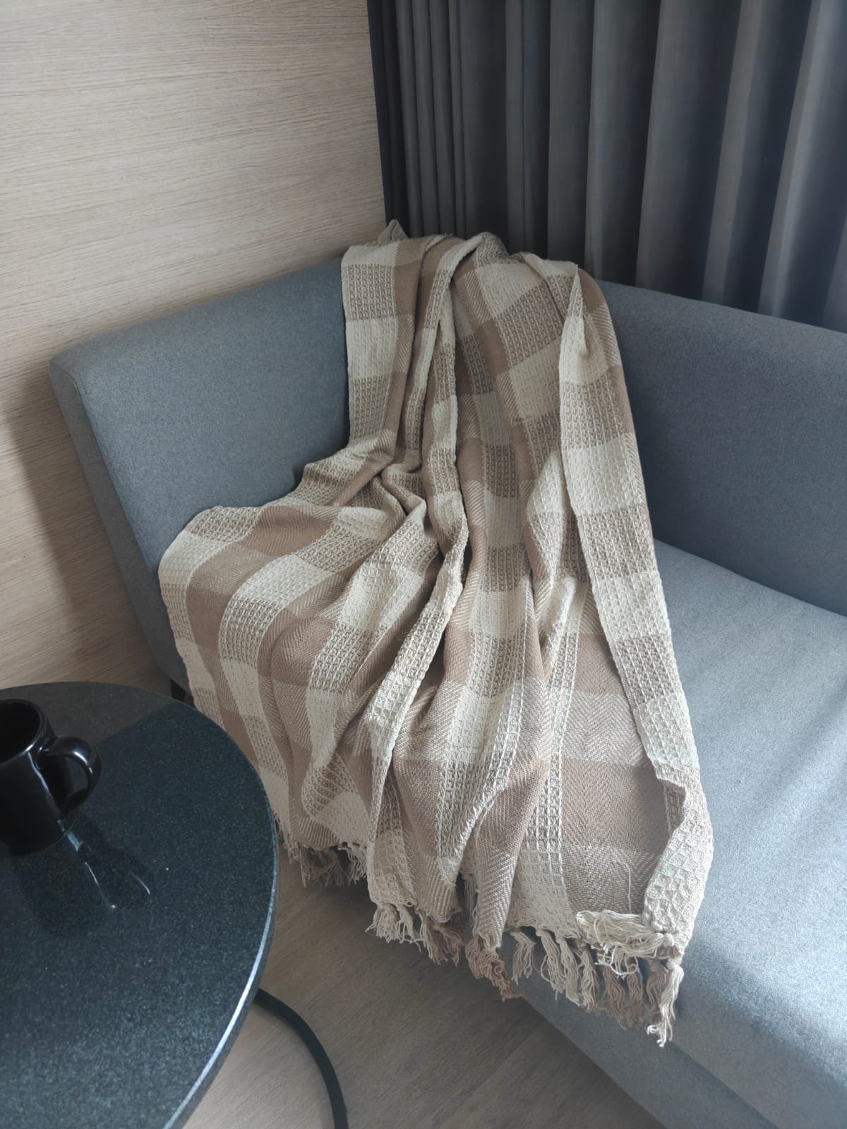 Eatrty Beige Bohomein Pure Cotton Check Waffle Throws (Onesize)