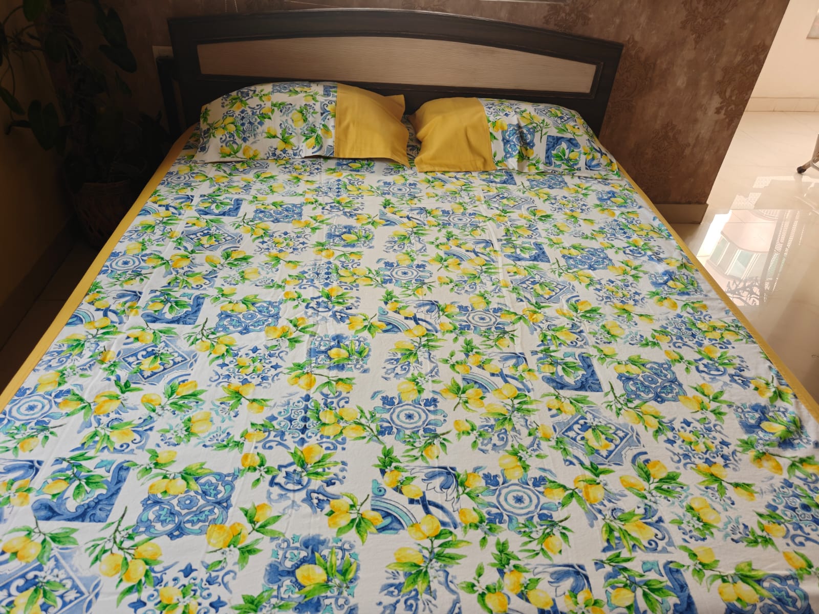Sajja Signature Duck Cotton  Chintz Yellow Blue Bedcovers Bedspreads