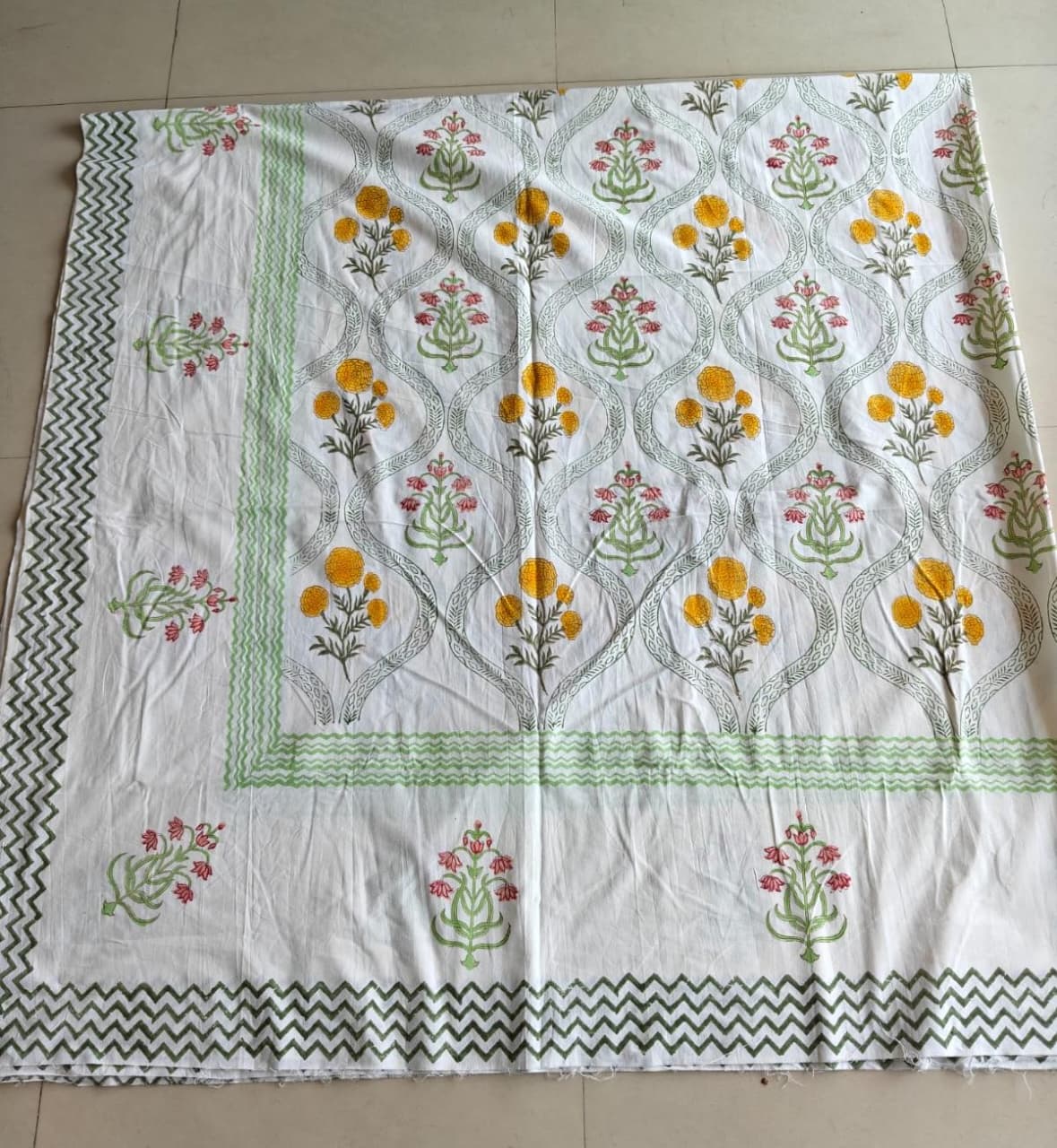 Floral Yellow Pink Hand Block Print Bedsheet with 2 Pillow Cover King Bedsheet 108 x 108 inches