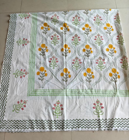 Floral Yellow Pink Hand Block Print Bedsheet with 2 Pillow Cover King Bedsheet 108 x 108 inches