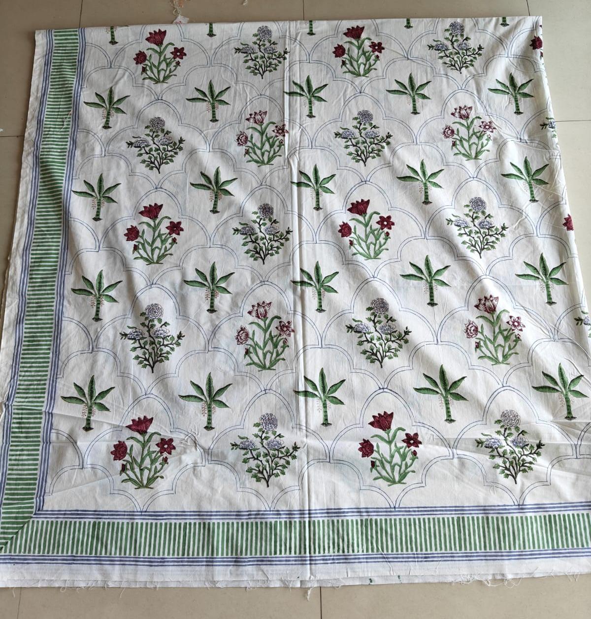 Vintage Hand block Green Pooklam Floral Cotton Double Bedsheet King 9 feet x 9 feet