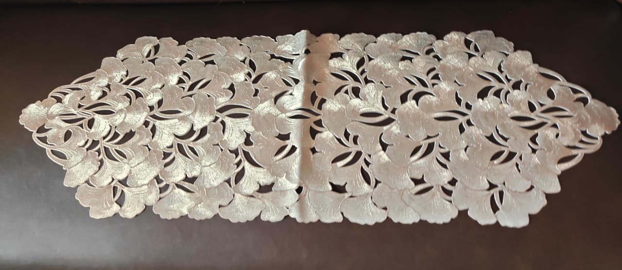 Laser Cut Floral Rexene poly vinyl cutwork 13 x 37 Rose Gold Table Runner -Waterproof, Heat Resistant, Non-Slip